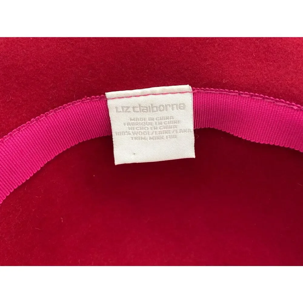 Vintage Liz Claiborne Red Wool Cloche Hat with Mink Fur Trim and Beaded Accent